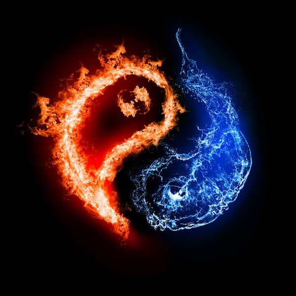 Symbol of yin and yang of the dark background in the form of fire and water. The sign of the two elements.