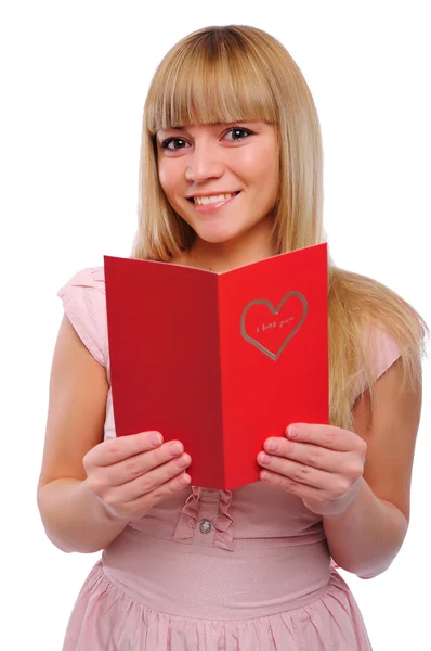 Giovane Bella Ragazza Leggere Una Cartolina Congratulazioni San Valentino — Foto Stock