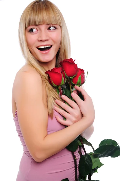 Portrait Young Charming Girl Bouquet Roses Valentine Day — Stock Photo, Image