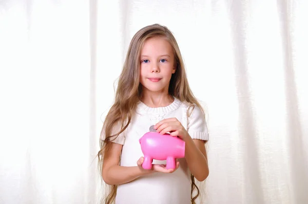 Portrait Young Beautiful Girl Piggy Bank Hand — Stock Photo, Image