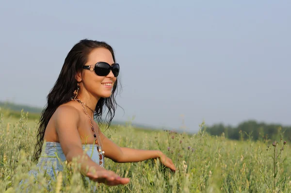 Young Woman Glasses Field Happy Laughing — Stock Photo, Image