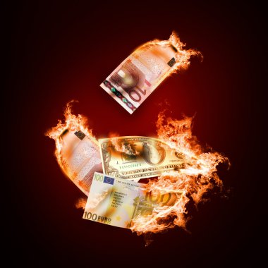 Banknotes open arms fire on a black background clipart