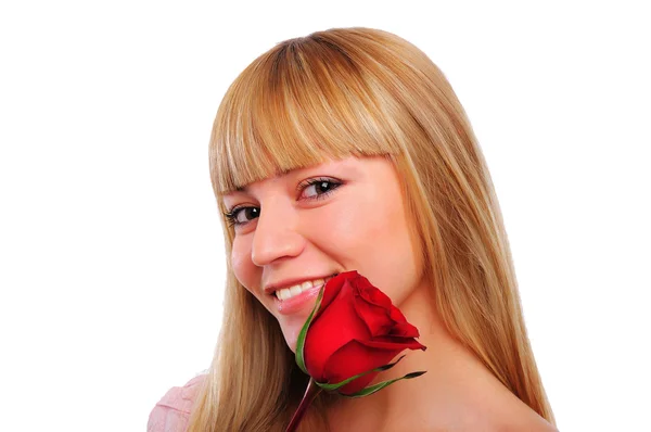 Kırmızı Bir Gül Büyüleyici Genç Kız Portresi — Stok fotoğraf