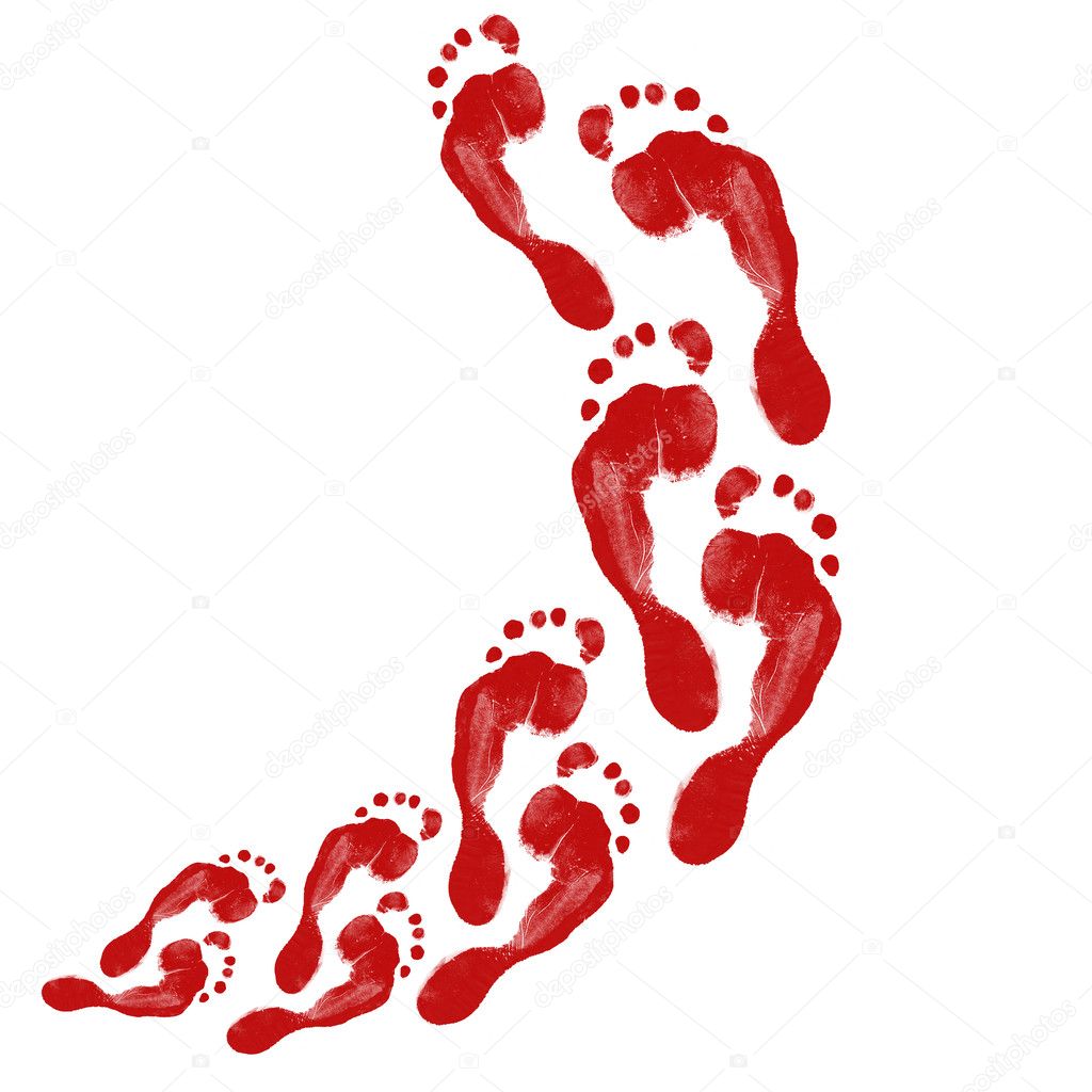 Footprints of different colors on a white background in different positions.