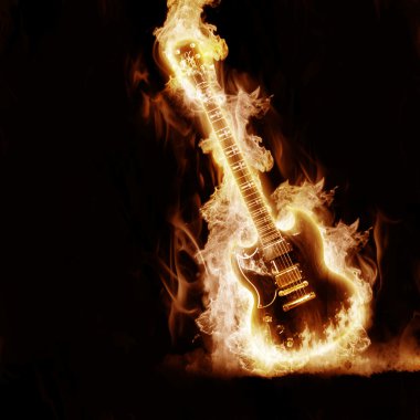 Electronic guitar enveloped flames on a black background clipart