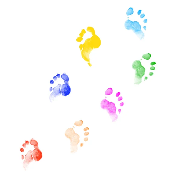 Fußabdrücke Verschiedenen Farben Auf Weißem Hintergrund Verschiedenen Positionen — Stockfoto