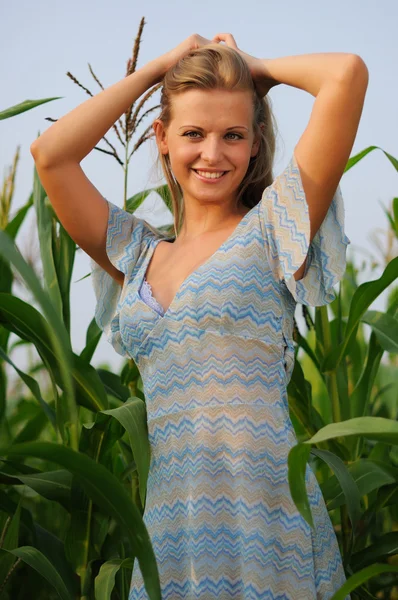 Молода Дівчина Фоні Зеленої Кукурудзи Блакитного Неба — стокове фото