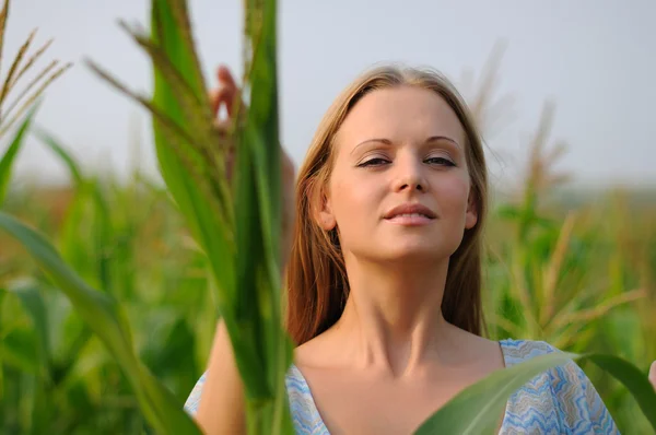 Młoda Dziewczyna Tle Zielonej Kukurydzy Niebieski Niebo — Zdjęcie stockowe