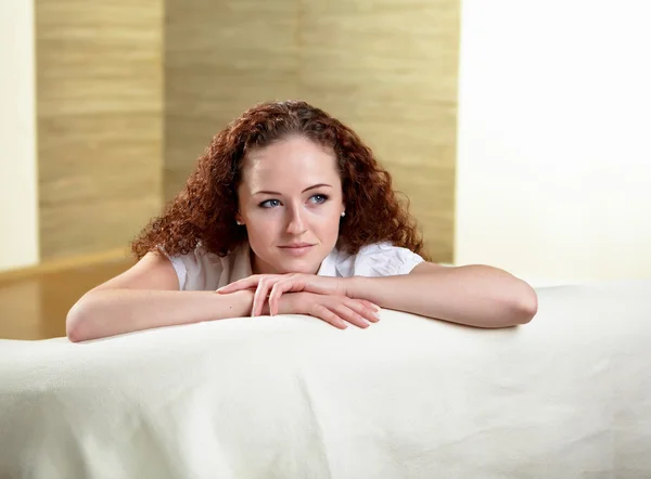 Young Red Hair Girl Sitting Sofa Home Alone — Stock Photo, Image