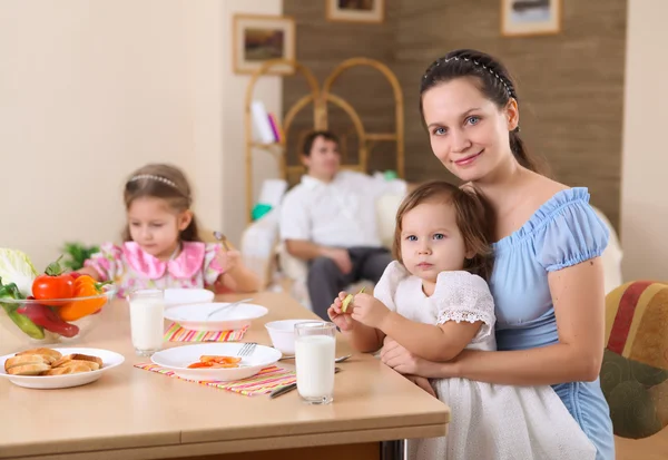 Young Mother Feeding Baby Home Kitchen Spoon — Stock Photo, Image