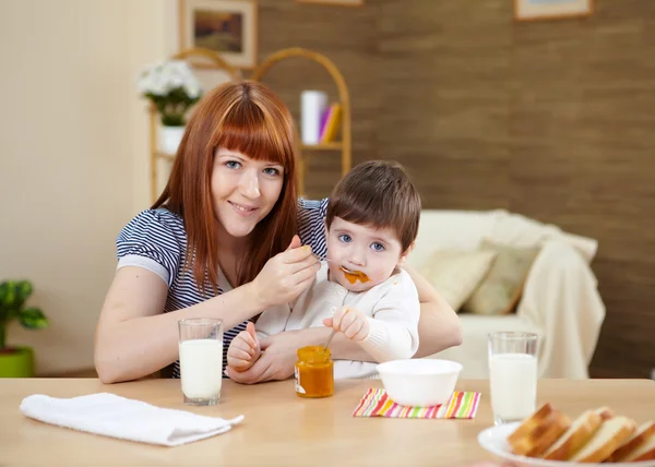 Little Baby Home Sitting Table Having Meal — Stock Photo, Image
