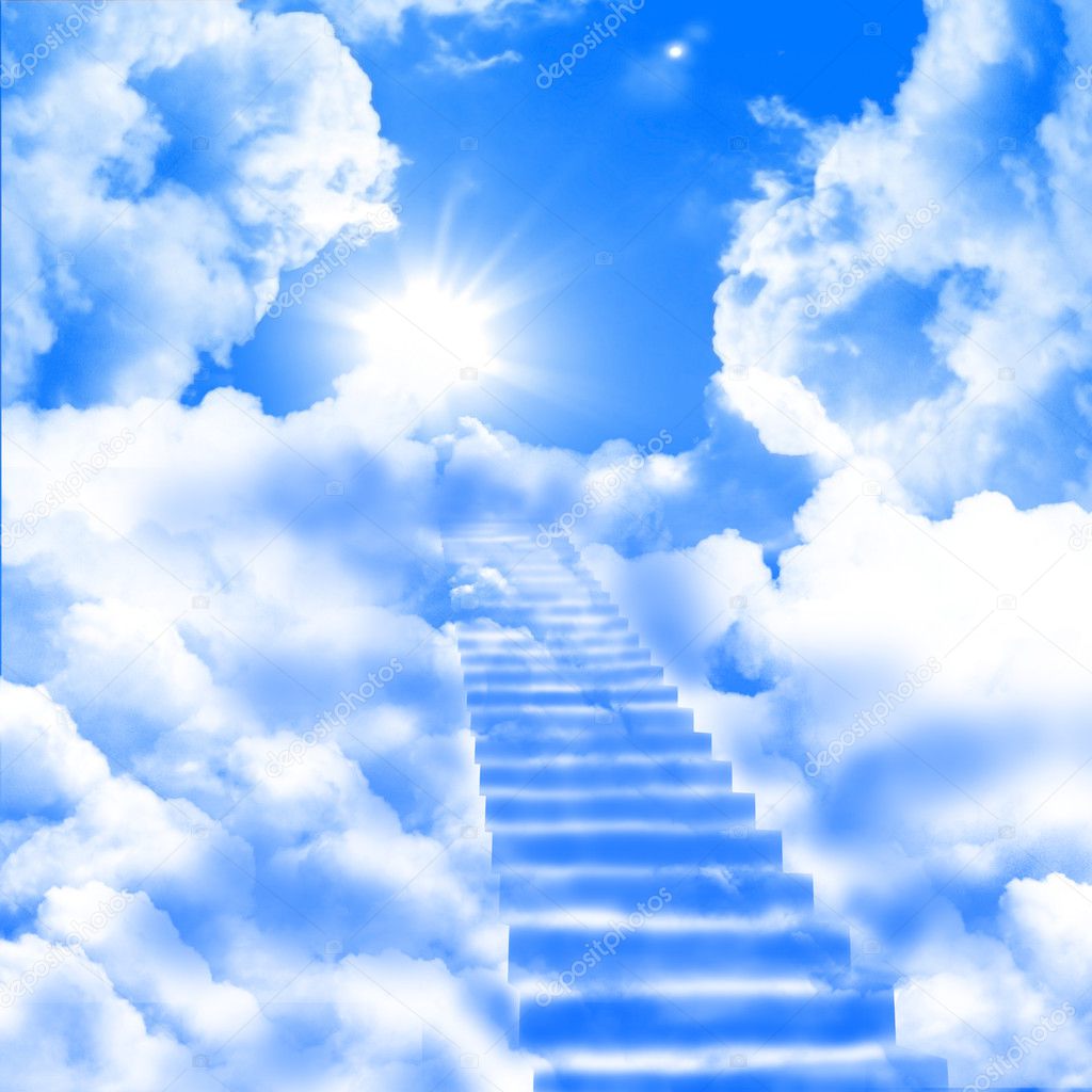 A ladder directed up to blue cloudy skies and sun