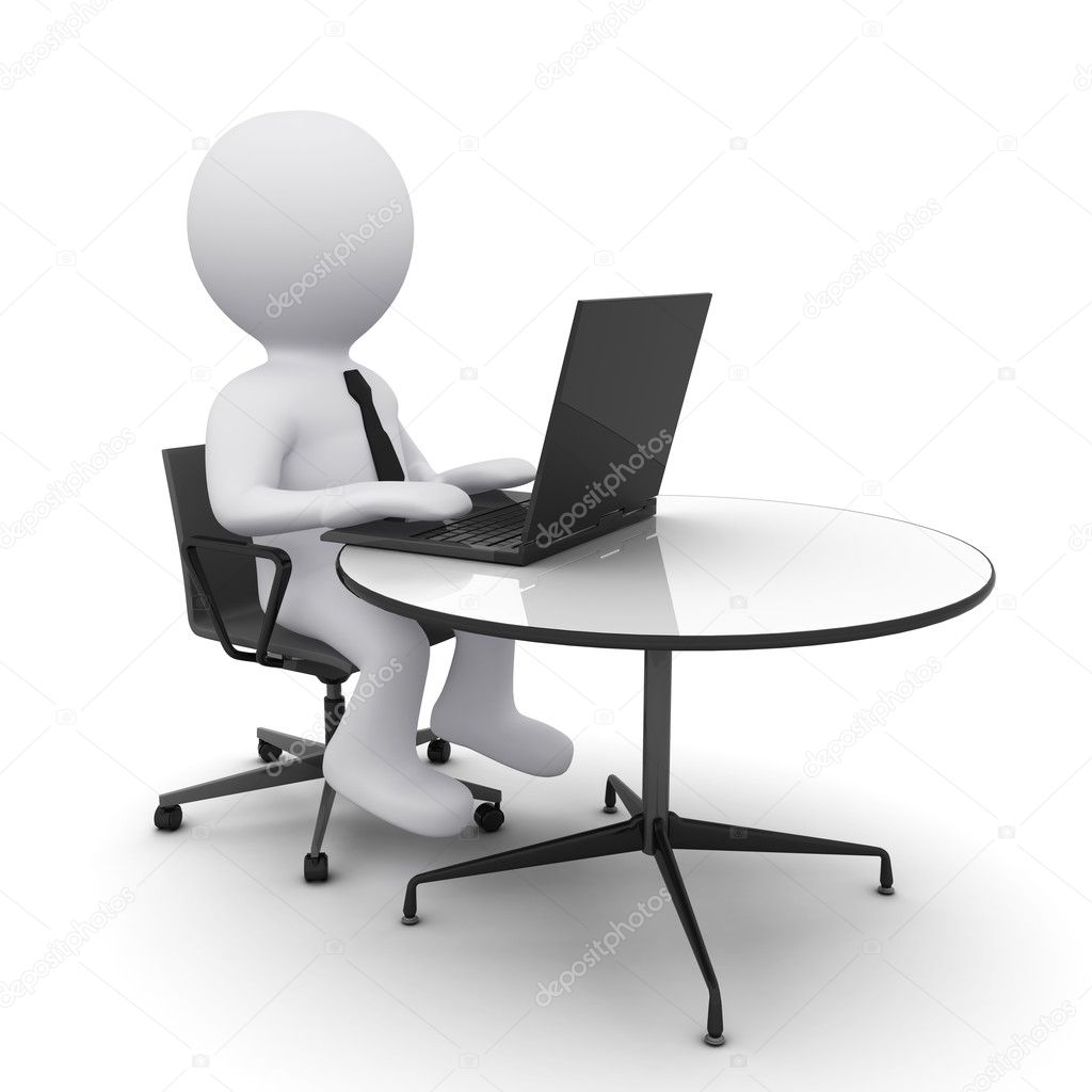 3D man sitting at the table and working on a laptop computer