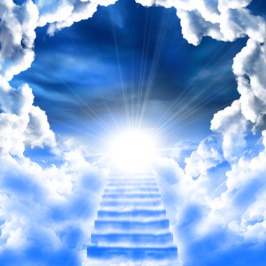 A ladder directed up to blue cloudy skies and sun clipart
