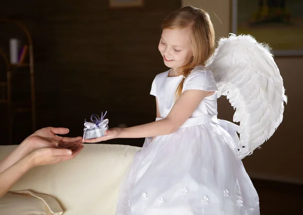 Little Girl White Dress Angel Wings — Stock Photo, Image