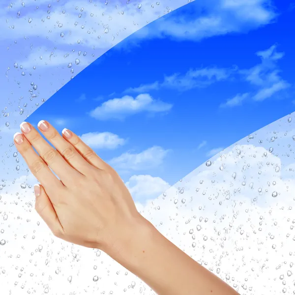 Hand Wipes Misted Window Blue Sky — Stock Photo, Image