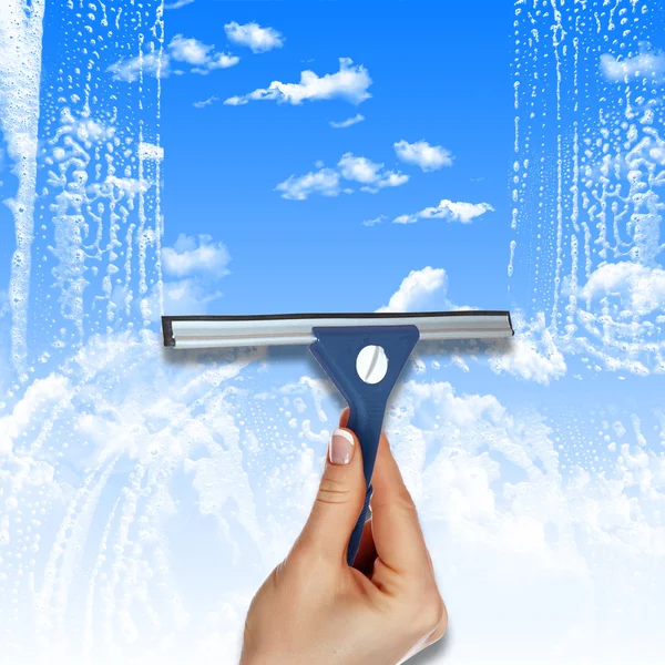 Hand Squeegee Cleaning Misted Window — Stock Photo, Image