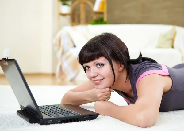 Young Girl Working Computer Home Floor — Stock Photo, Image