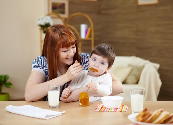 Little Baby Home Sitting Table Having Meal — Stock Photo, Image