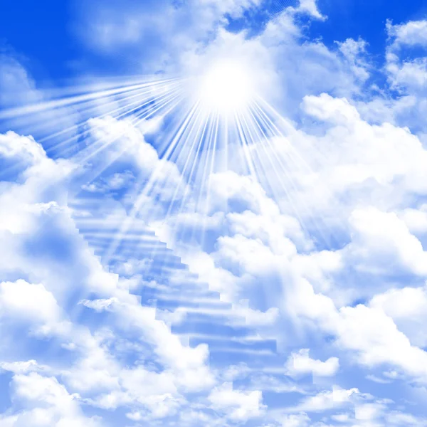 Eine Leiter Die Hinauf Blauem Bewölkten Himmel Und Sonne Gerichtet — Stockfoto