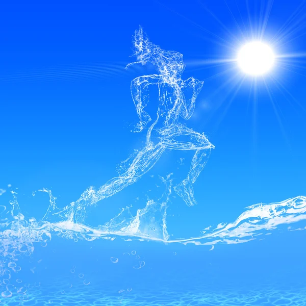 Silhouet Van Lopende Vrouw Gemaakt Van Water Splash Blauwe Achtergrond — Stockfoto
