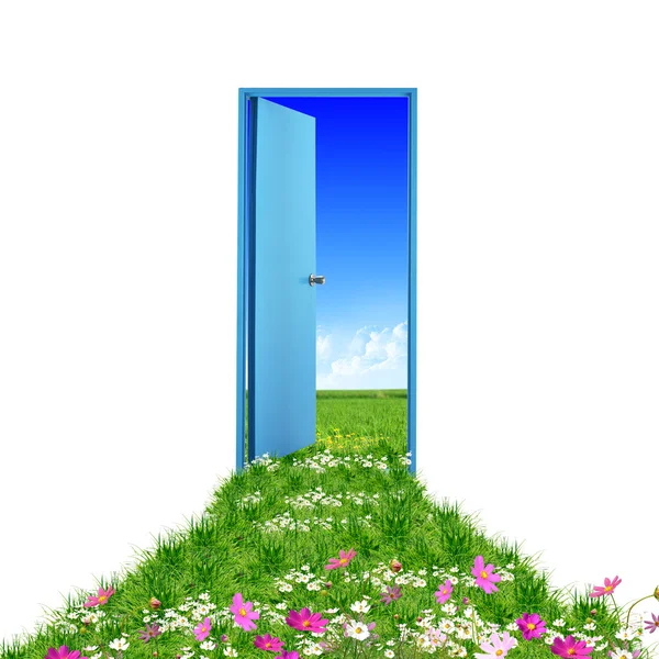 打开的门导致美丽干净的自然与绿草和蓝蓝的天空 — 图库照片