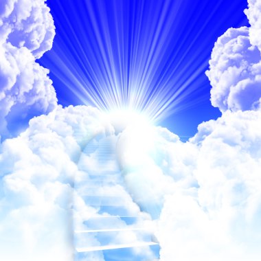 A ladder directed up to blue cloudy skies and sun clipart