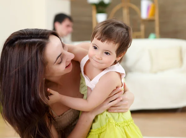 Young Mother Having Fun Her Little Son Home Floor — Stock Photo, Image