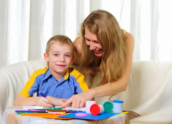 Little Boy His Mother Studying Together Home — Stock Photo, Image