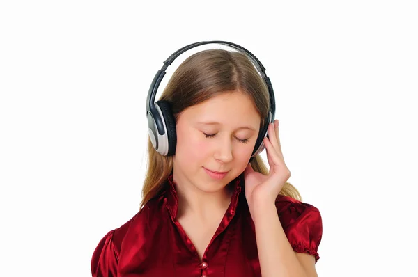 Μια Έφηβη Ένα Κόκκινο Πουκάμισο Ακούγοντας Μουσική Ακουστικά — Φωτογραφία Αρχείου