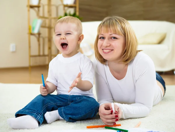 Young Mother Her Little Son Home Drawing Color Pencils — Stock Photo, Image