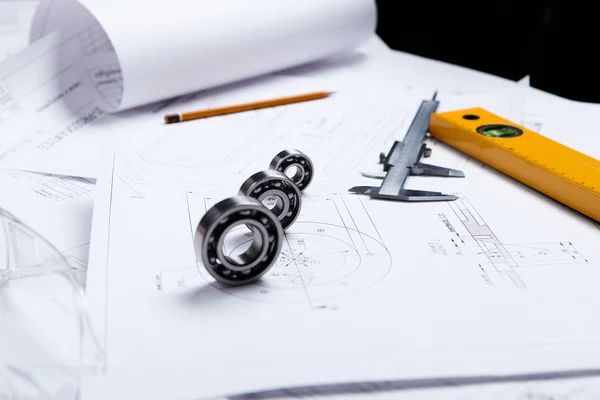Építési Tervezetek Eszközök Asztalon — Stock Fotó