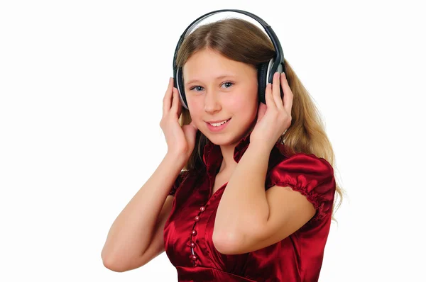 Una adolescente en estudio con auriculares — Foto de Stock