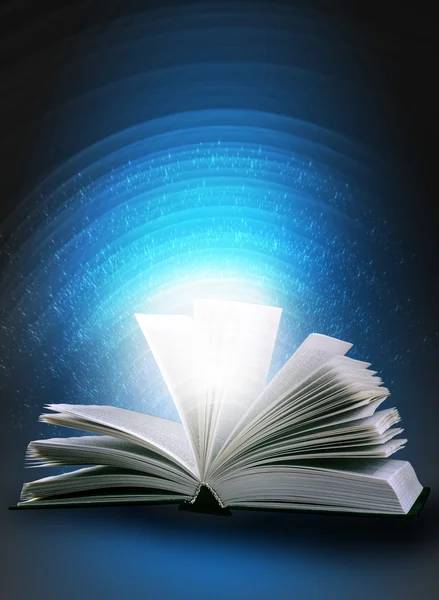 Magische Boek Een Blauwe Achtergrond Met Lijnen Lichten — Stockfoto