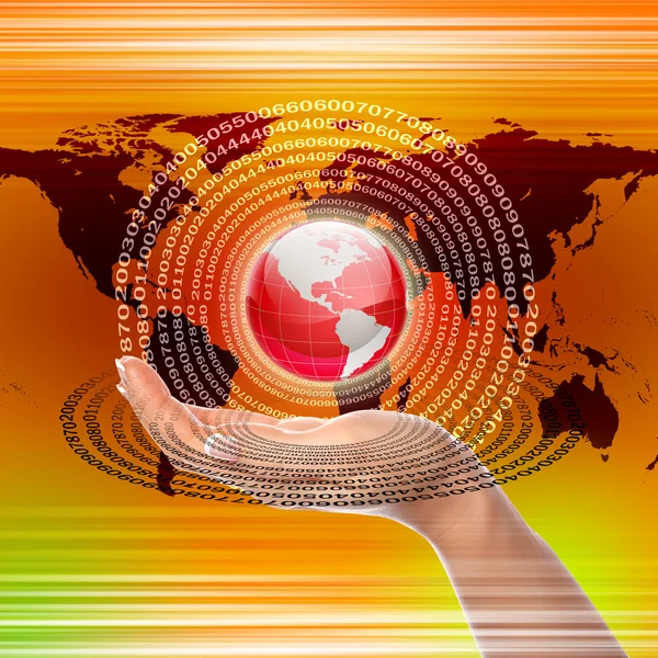 stock image Human hand holding our planet against high-tech background