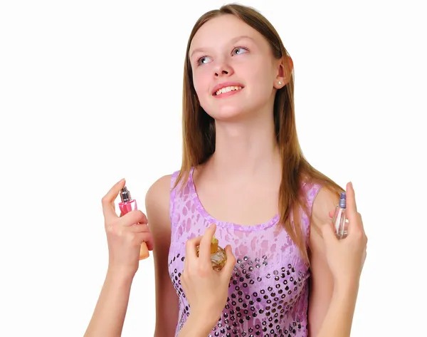 Una Adolescente Con Muchas Botellas Perfume Alrededor —  Fotos de Stock