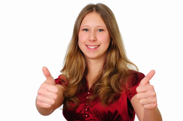 Una Adolescente Estudio Con Una Blusa Roja — Foto de Stock