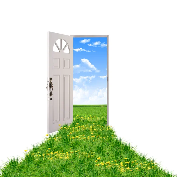 開いたドアの緑の草と青空と美しいクリーンな自然につながる — ストック写真