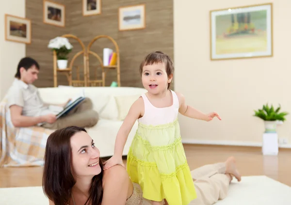 Young Mother Having Fun Her Little Son Home Floor — Stock Photo, Image