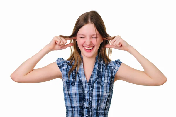 Teenage Girl Studio Holding Her Hand Ears — Stock Photo, Image