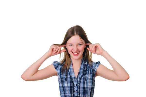 Bir Genç Kızın Elini Kulakları Yakınında Tutarak Studio — Stok fotoğraf
