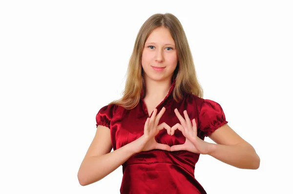 그녀의 손가락으로 기호를 보여주는 빨간색 블라우스에 — 스톡 사진