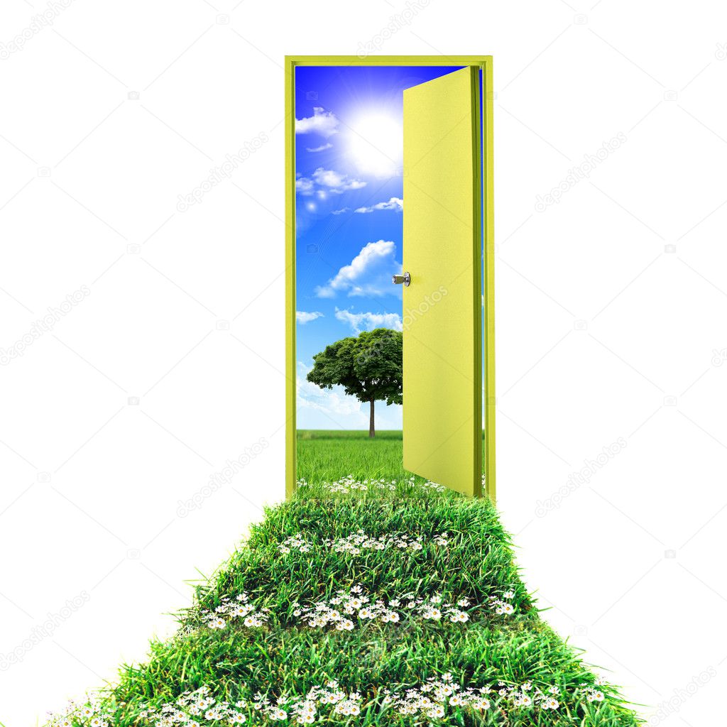 Open door leading to beautiful clean nature with green grass and blue sky