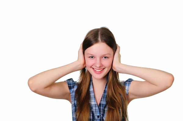 Дівчина Підліток Студії Тримає Руку Біля Вух — стокове фото