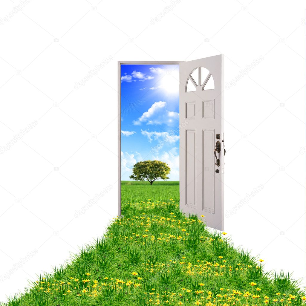 Open door leading to beautiful clean nature with green grass and blue sky