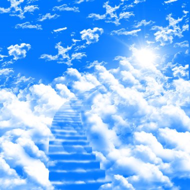 A ladder directed up to blue cloudy skies and sun clipart