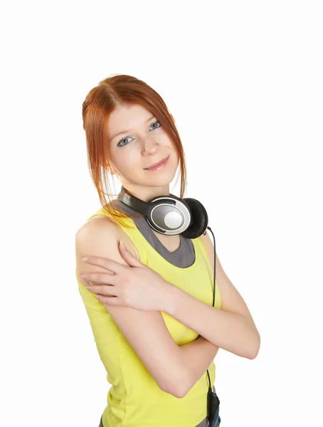 Дівчина Підліток Червоній Сорочці Слухає Музику Навушниками — стокове фото