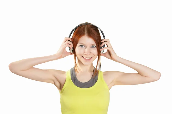 Teenage Girl Red Shirt Listening Music Headphones — Stock Photo, Image
