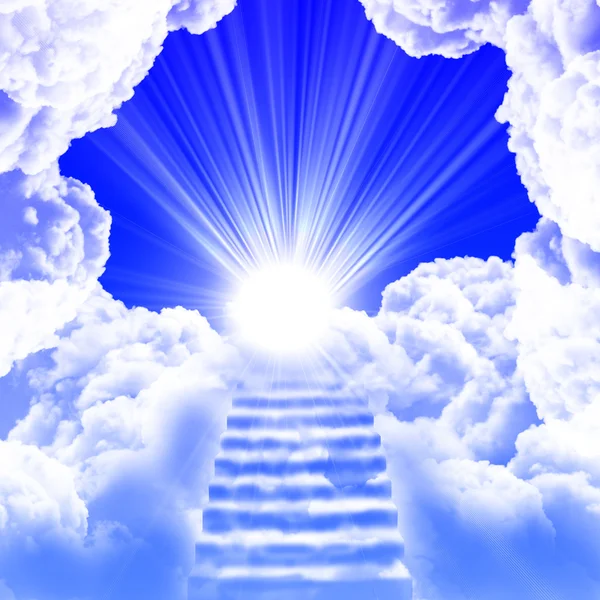 Eine Leiter Die Hinauf Blauem Bewölkten Himmel Und Sonne Gerichtet — Stockfoto