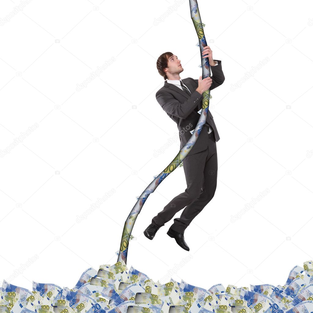 Business man in black suit ckimbing up the rope of banknotes